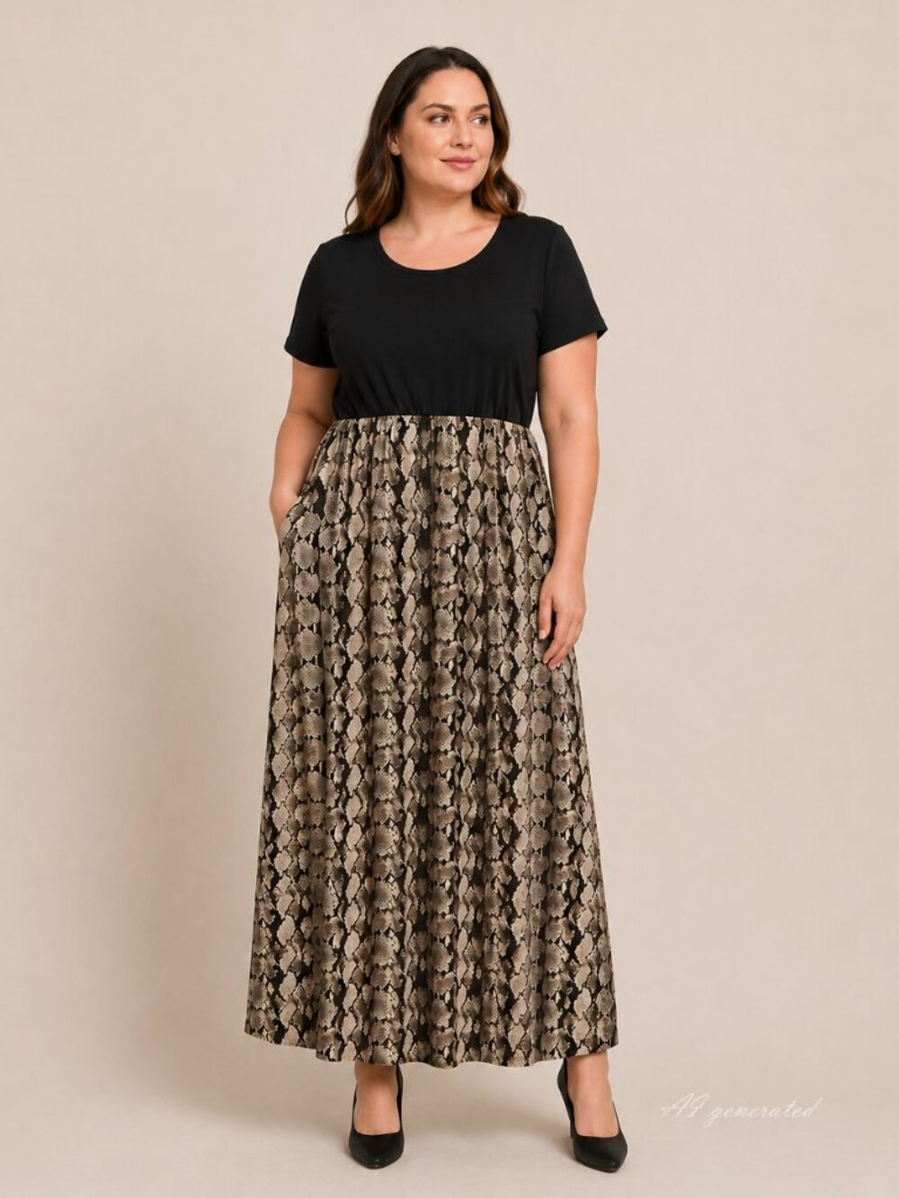 Black and Snake Print Maxi Dress With Pockets Short Sleeve Stretch Size Large L